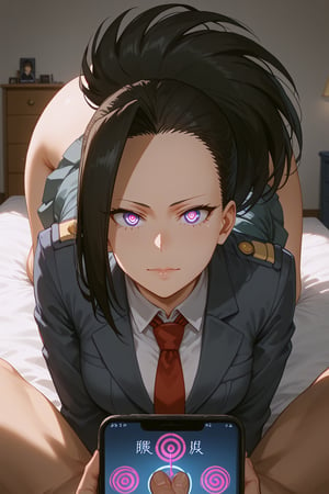 score_9, score_8_up, score_7_up, score_6_up, source_anime, masterpiece, best quality, ultra-detailed, highres, absurdres, cinematic lighting, 
1girl, solo, yaoyorozu momo, 
looking at viewer, 
female focus,yaoyorozu momo, closer,yaoyorozu momo, school uniform, grey uniform school, red tie, closer, 1boy, mind control, hypnosis, smartphone, pov holding phone, dogeza,from side, 1girl, dogeza position, doing dogeza, facing you, front view, head down, facing_viewer, dogeza,from side, 1girl, dogeza position, doing dogeza, facing you, front view, head down, facing_viewer, on bedass not visible under skirt