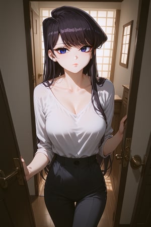 score_9, score_8_up, score_7_up, score_6_up, source_anime, masterpiece, best quality, ultra-detailed, highres, absurdres, cinematic lighting, 
1girl, solo, Komi san 
doorway, front door, answering door, hand on door, opening door, 
looking at viewer, 
female focus, 3/4 angle view, three quarter view, ,shouko komi