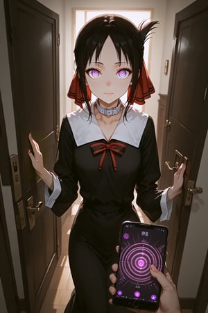 score_9, score_8_up, score_7_up, score_6_up, source_anime, masterpiece, best quality, ultra-detailed, highres, absurdres, cinematic lighting, 
1girl, solo, Shinomiya Kaguya, 
doorway, front door, answering door, hand on door, opening door, 
looking at viewer, 
female focus, 2/4 angle view, three quarter view, ,kaguya, black dress, closer, 1boy, mind control, hypnosis, smartphone, pov holding phone, white collar