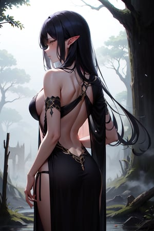 A somber mist shrouds a mystical forest, where a stunning elven maiden, draped in intricately woven ancient Greek robes, stands poised against the skeletal remains of an ancient tree. Her raven tresses cascade down her back like night's dark veil, as she gazes out upon the moonlit clearing with an ethereal intensity. The air is heavy with the scent of damp earth and decaying leaves.
