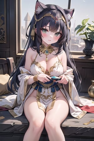 A majestic young woman with piercing emerald eyes and luscious raven hair dons an ornate, gemstone-encrusted headdress reminiscent of the pharaohs. Her skin glows with golden undertones, as if kissed by the desert sun. She sits regally on a intricately carved stone pedestal, her cat ears perked up, adorned with delicate gold filigree and lapis lazuli. The ancient Egyptian attire is meticulously rendered, complete with pleated linen robes, gemstone-encrusted necklaces, and gleaming golden accessories. A warm, golden light bathes the scene, casting a subtle glow on the subject's luminous features.