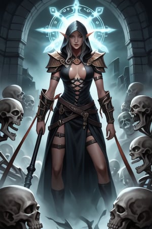 A dark fantasy scene imbued with eerie serenity, featuring a dark elf girl necromancer surrounded by a legion of skeletons. The dark elf girl necromancer, cloaked in tattered, shadowy robes, stands at the center, their face obscured by a hood and a glowing staff in hand. The skeletal figures, animated by dark magic, form an intricate circle around the necromancer, their empty eye sockets reflecting an unsettling calm. The environment is a mix of desolate ruins and twisted, spectral energy, with soft, otherworldly light casting an ethereal glow on the scene, enhancing the mystical and ominous atmosphere.