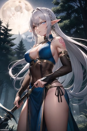 In a misty, moonlit clearing within the ancient enchanted forest, a fierce warrior-elf maiden stands tall, her tattooed skin glistening with dew. Her furious eyes blaze like stars as she wields a battle-axe, ready to face the hordes of shambling zombies that threaten her realm.