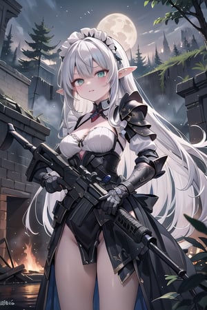 Golden-armored, tactical maid, elf girl stands victorious amidst smoldering battlefield, piercing emerald eyes fixed on snarling demons. Crimson-tinged armor glistens, twin assault rifles at ready with intricate silver filigree adornment. Burning trees and crumbling ruins blaze behind her, flowing white hair cascading like moonlit river as she takes down fiendish invaders.