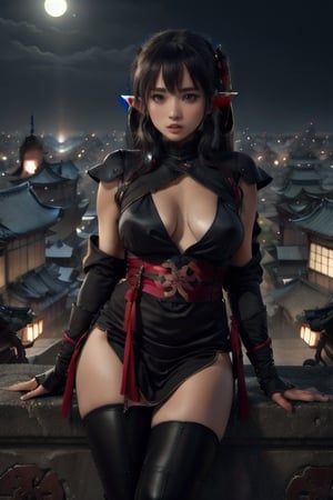 A stunning scene unfolds: a beautiful elf, clad in sleek black ninja attire, perches poised on the weathered rooftop of an ancient Japanese-style monastery. Soft moonlight casts a silver glow, illuminating her ethereal features as she gazes out into the night. The monastery's tile-roofed spires and undulating eaves create a serene backdrop, while the elf's stealthy stance exudes a sense of quiet anticipation, as if prepared to strike or flee at a moment's notice.