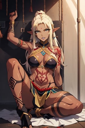 A stunning female elf with dark skin stands proudly in her solitary cell, donning intricate tribal attire and ornate tattoos that seem to dance across her toned physique. She poses seductively, one hand resting on the cold stone wall as she gazes directly at the viewer, her piercing eyes radiating a sense of fierce independence. The dimly lit chamber casts an air of mystery, highlighting the warrior's striking features and the sensual curves of her athletic form.