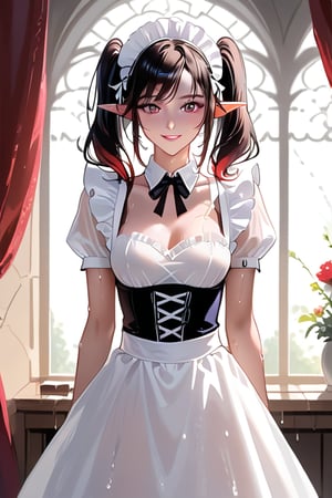 A close-up shot of a striking elf girl, her vibrant twintails cascading down her back, standing confidently in a maid's dress with a subtle smile. Wet skin glistens under the soft focus lighting, as she poses effortlessly, exuding a sense of pride and satisfaction, earning a score of 9 from the viewer. The background is blurred, with a hint of RAR (Rare or Risky) elements adding to the mystique.