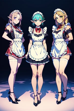 A group of 3 beautiful elves, wearing tiny maid uniforms
