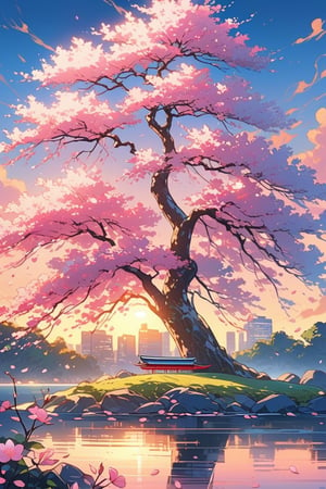 A breathtakingly beautiful scene unfolds: a stunning Sakura blossom tree stands tall in Tokyo's serene landscape as the sun sets behind it. The golden hour's warm glow casts a gentle light on the delicate pink petals and vibrant green leaves, creating a stunning contrast. Wallpaper-worthy paint art comes to life with this breathtaking tableau of beauty and serenity.