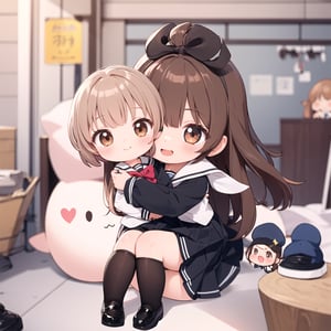 ((chibi)), no background, 2D, 1 girl, 20 years old, long hair, brown hair, cute school uniform, black stockings, black shoes, hands open for a hug, large eyes, brown eyes, always smiling , station chibi