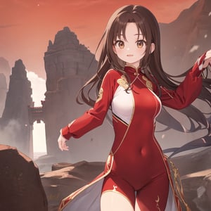 ((Red Cliff)), no background, 2D, 1 girl, 20 years old, two round heads, brown hair, half body, Tang suit, big eyes, brown eyes, always smiling, standing, various expressions and movements, "Red Cliff"