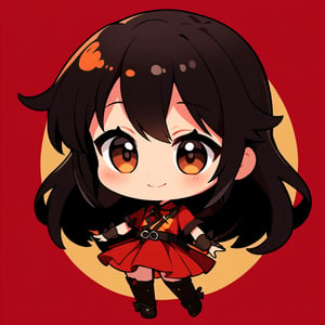 ((chibi)), no background, 2D, 1 girl, 20years old, long hair,  colorful_hair, 唐朝, large eyes, brown eyes, always smiling, 绿色的唐服,红腰带,有趣的表情,chibi