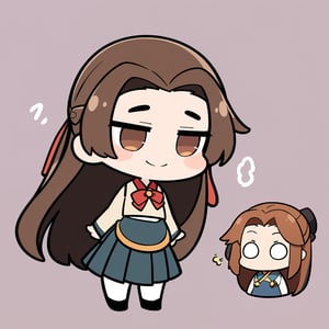 Prompt: ((chibi)), no background, 2D, 1 girl, 20years old, long hair, brown_hair, Tang Dynasty, large eyes, brown eyes, always smiling, school uniform, red bow tie, pleated skirt, sorry expression,chibi