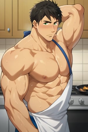 score_9, score_8_up, score_7_up, source_anime, looking at viewer, intricate details,sousuke_yamazaki, solo, 1boy, :), black hair, green eyes, male focus, sweat, big muscle,bara, eight-pack abs, abs, bicep,bodybuilder, bushy armpit hair, solo, ,muscular,large pectorals, muscular, big biceps, sexy,1male, wet,sweat,solo,short boxer, underwear, cooking steaks,kitchen,apron,masterpiece, best quality,close up,cartoon