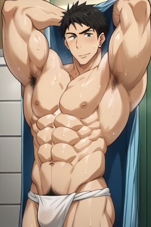 score_9_up, score_8_up, BREAK source_anime, anime screen cap, sexy pose, solo, sousuke_yamazaki, black hair, green eyes, ear piercing, pubic hair,sweat, big muscle, abs, bodybuilder, bushy armpit hair, sweaty, soft smirk, large pectorals, muscular, sexy, pecterals, abs, vein muscles, sweaty skin, hyper muscular male leaning on the floor with stretched legs, aroused face, tongue out, anime eyes, , wearing open yukata, pulling yukata, , Fundoshi, hyper bulge, in the Japanese room, wine bottle,masterpiece, best quality,4k, stubble