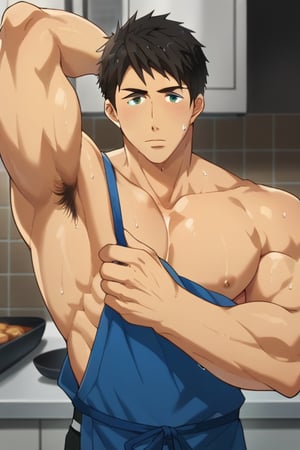 score_9, score_8_up, score_7_up, source_anime, looking at viewer, intricate details,sousuke_yamazaki, solo, 1boy, :), black hair, green eyes, male focus, sweat, big muscle,bara, eight-pack abs,bodybuilder, bushy armpit hair, solo, muscular,large pectorals, sexy, 1male, wet,sweat,solo,short boxer, underwear, cooking steaks,kitchen,blue apron,masterpiece, best quality,close up,cartoon