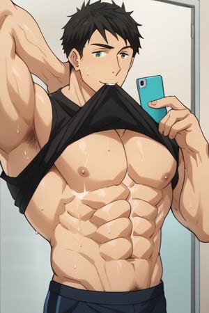 score_9_up, score_8_up, BREAK source_anime, anime screen cap, sexy pose, solo, sousuke_yamazaki, black hair, green eyes, ear piercing, pubic hair,sweat, big muscle, abs, bodybuilder, bushy armpit hair, sweaty, soft smirk, large pectorals, muscular, sexy, pecterals, abs, vein muscles, sweaty skin,oily skin,glistening skin, sexy, flirty, MALE FOCUS, HOLDING PHONE,NIPPLES ,SHIRT LIFT, CLOTHES LIFT, SELFIE ,BLACK tank shirt ,BULGE PANTS ,MALE LARGE PECTORALS, BARECHESTED MALE ,OPEN tank shirt ,HOLDING NAVEL ,FULL BODY , HAND IN POCKET, SHOES ,CELLPHONE ,LIFTED BY SELF ,BARE PECTORALS, REFLECTION, MOUTH HOLD ,masterpiece, best quality , masterpiece, best quality,close up,cartoon