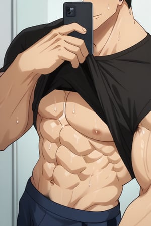 score_9_up, score_8_up, BREAK source_anime, anime screen cap, sexy pose, solo, sousuke_yamazaki, black hair, green eyes, ear piercing, pubic hair,sweat, big muscle, abs, bodybuilder, bushy armpit hair, sweaty, soft smirk, large pectorals, muscular, sexy, pecterals, abs, vein muscles, sweaty skin,oily skin,glistening skin, sexy, flirty, MALE FOCUS, HOLDING PHONE,NIPPLES ,SHIRT LIFT, CLOTHES LIFT, SELFIE ,BLACK tank shirt ,BULGE short ,MALE LARGE PECTORALS, BARECHESTED MALE ,OPEN tank shirt ,HOLDING NAVEL ,FULL BODY , HAND IN POCKET, SHOES ,CELLPHONE ,LIFTED BY SELF ,BARE PECTORALS, REFLECTION, MOUTH HOLD ,masterpiece, best quality , masterpiece, best quality,close up,cartoon