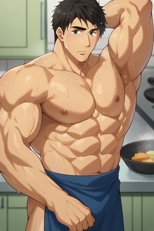 score_9, score_8_up, score_7_up, source_anime, looking at viewer, intricate details,sousuke_yamazaki, solo, 1boy, :), black hair, green eyes, male focus, sweat, big muscle,bara, eight-pack abs, abs, bicep,bodybuilder, bushy armpit hair, solo, ,muscular,large pectorals, muscular, big biceps, sexy,1male, wet,sweat,solo,short boxer, cooking steaks,kitchen,apron,masterpiece, best quality,close up,cartoon