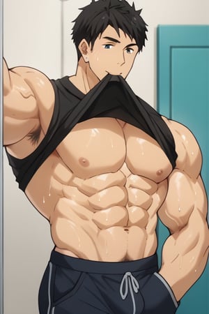 score_9_up, score_8_up, BREAK source_anime, anime screen cap, sexy pose, solo, sousuke_yamazaki, black hair, green eyes, ear piercing, pubic hair,sweat, big muscle, abs, bodybuilder, bushy armpit hair, sweaty, soft smirk, large pectorals, muscular, sexy, pecterals, abs, vein muscles, sweaty skin,oily skin,glistening skin, sexy, flirty, MALE FOCUS, HOLDING PHONE,NIPPLES ,SHIRT LIFT, CLOTHES LIFT, SELFIE ,BLACK tank shirt ,BULGE PANTS ,MALE LARGE PECTORALS, BARECHESTED MALE ,OPEN tank shirt ,HOLDING NAVEL ,FULL BODY , HAND IN POCKET, SHOES ,CELLPHONE ,LIFTED BY SELF ,BARE PECTORALS, REFLECTION, MOUTH HOLD ,masterpiece, best quality , masterpiece, best quality,close up,cartoon