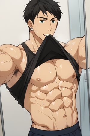 score_9_up, score_8_up, BREAK source_anime, anime screen cap, sexy pose, solo, sousuke_yamazaki, black hair, green eyes, ear piercing, pubic hair,sweat, big muscle, abs, bodybuilder, bushy armpit hair, sweaty, soft smirk, large pectorals, muscular, sexy, pecterals, abs, vein muscles, sweaty skin,oily skin,glistening skin, sexy, flirty, MALE FOCUS, HOLDING PHONE,NIPPLES ,SHIRT LIFT, CLOTHES LIFT, SELFIE ,BLACK tank shirt ,BULGE short ,MALE LARGE PECTORALS, BARECHESTED MALE ,OPEN tank shirt ,HOLDING NAVEL ,FULL BODY , HAND IN POCKET, SHOES ,CELLPHONE ,LIFTED BY SELF ,BARE PECTORALS, REFLECTION, MOUTH HOLD ,masterpiece, best quality , masterpiece, best quality,close up,cartoon