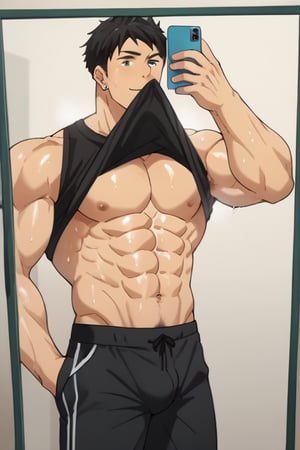 score_9_up, score_8_up, BREAK source_anime, anime screen cap, sexy pose, solo, sousuke_yamazaki, black hair, green eyes, ear piercing, pubic hair,sweat, big muscle, abs, bodybuilder, bushy armpit hair, sweaty, soft smirk, large pectorals, muscular, sexy, pecterals, abs, vein muscles, sweaty skin,oily skin,glistening skin, sexy, flirty, MALE FOCUS, HOLDING PHONE,NIPPLES ,SHIRT LIFT, CLOTHES LIFT, SELFIE ,BLACK tank shirt ,BULGE PANTS ,MALE LARGE PECTORALS, BARECHESTED MALE ,OPEN tank shirt ,HOLDING NAVEL ,FULL BODY , HAND IN POCKET, SHOES ,CELLPHONE ,LIFTED BY SELF ,BARE PECTORALS, REFLECTION, MOUTH HOLD ,masterpiece, best quality , masterpiece, best quality,close up,cartoon