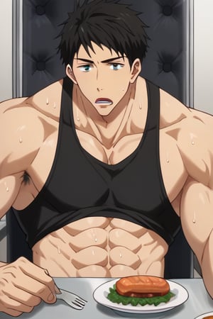sousuke_yamazaki, solo, 1boy, :), black hair, green eyes, male focus, sweat, big muscle, eight-pack abs, abs, bicep,bodybuilder, bushy armpit hair, solo, black tank top,muscular,1boy, male focus, sitting and Eating Supper, Knife and fork, (looking away), (Steak with white sauce on White table), (Detailed lips), (Eating a steak in a fork:1.2), (on Throne in the dark dinner room from front:1.3), looking at viewer, open mouth, eating,upper body, masterpiece, best quality,close up,cartoon,jujutsu_kaisen_style