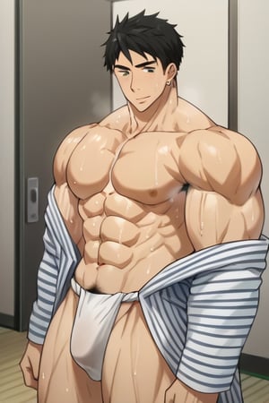 score_9_up, score_8_up, BREAK source_anime, anime screen cap, sexy pose, solo, sousuke_yamazaki, black hair, green eyes, ear piercing, pubic hair,sweat, big muscle, abs, bodybuilder, bushy armpit hair, sweaty, soft smirk, large pectorals, muscular, sexy, pecterals, abs, vein muscles, sweaty skin, hyper muscular male leaning on the floor with stretched legs, aroused face, tongue out, anime eyes, , wearing open yukata, pulling yukata, , Fundoshi, hyper bulge, in the Japanese room, wine bottle,masterpiece, best quality,4k, stubble