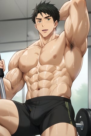 score_9, score_8_up, score_7_up, masterpiece, best quality, close up, lots of details, ((1man)), solo, sousuke_yamazaki, black hair, green eyes, sweat, big muscle, big biceps,bodybuilder physique, bushy armpit hair, sweaty, soft smirk, hairy armpits, large pectorals, muscular, sexy, flirty, vein muscles, face freckles, male focus, man wearing a black tank top, stringer shirt with a (low-cut chest:1.1) (extreme low-cut dropped side holes:1.1), sweating, open mouth, heavy breathing, squatting, exercise, weightlifting, barbell on the shoulders, bulge, detailed shading, detailed skin, shaded skin, realistic shading, looking at viewer, Expressiveh, countershading:1.1, Gym, indoors