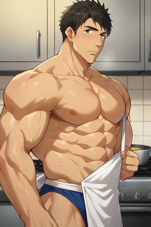 score_9, score_8_up, score_7_up, source_anime, looking at viewer, intricate details,sousuke_yamazaki, solo, 1boy, :), black hair, green eyes, male focus, sweat, big muscle,bara, eight-pack abs, abs, bicep,bodybuilder,bushy armpit hairs, solo, ,muscular,large pectorals, muscular, big biceps, sexy,1male, wet,sweat,solo,short boxer, underwear, cooking steaks,kitchen,apron,masterpiece, best quality,close up,cartoon