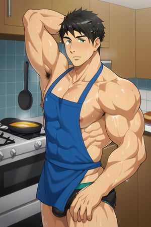 sousuke_yamazaki, solo, 1boy, :), black hair, green eyes, male focus, sweat, big muscle,bara, eight-pack abs, abs, ,bodybuilder, bushy armpit hair, solo, ,muscular,1male, wet,sweat,solo,short boxer, underwear, cooking pancakes ,kitchen, wearing  apron,masterpiece, best quality