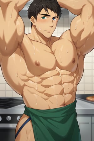 score_9, score_8_up, score_7_up, source_anime, looking at viewer, intricate details,sousuke_yamazaki, solo, 1boy, :), black hair, green eyes, male focus, sweat, big muscle,bara, eight-pack abs, abs, bicep,bodybuilder,bushy armpit hairs, solo, ,muscular,large pectorals, muscular, big biceps, sexy,1male, wet,sweat,solo,short boxer, underwear, cooking steaks,kitchen,apron,masterpiece, best quality,close up,cartoon