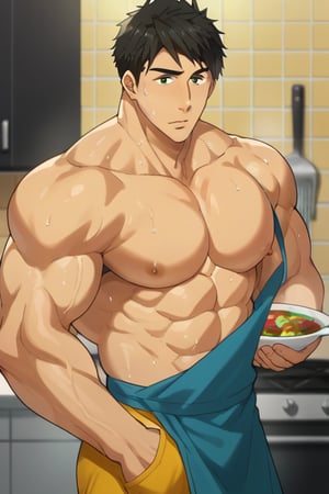 score_9, score_8_up, score_7_up, source_anime, looking at viewer, intricate details,sousuke_yamazaki, solo, 1boy, :), black hair, green eyes, male focus, sweat, big muscle,bara, eight-pack abs, abs, bicep,bodybuilder, bushy armpit hair, solo, ,muscular,large pectorals, muscular, big biceps, sexy,1male, wet,sweat,solo,short boxer, underwear, cooking steaks,kitchen,apron,masterpiece, best quality,close up,cartoon