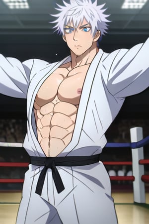 1man,stubble,Gojo Satoru ,hair between eyes, white hair,short hair,blue eyes,colored eyelashes,lean muscle, judo black belt, handsome,(long sleeve judo uniform:1.1), sweaty body, sweaty hair, chest muscles,abdominal muscles,show chest and abdominal,4K,masterpiece, super detailed,