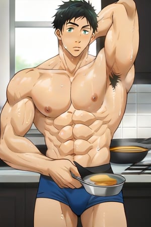 sousuke_yamazaki, solo, 1boy, :), black hair, green eyes, male focus, sweat, big muscle,bara, eight-pack abs, abs, ,bodybuilder, bushy armpit hair, solo, ,muscular,1male, wet,sweat,solo,short boxer, underwear, cooking pancakes ,kitchen, wearing  apron,masterpiece, best quality,jujutsu_kaisen_style