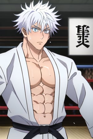 1man,stubble,Gojo Satoru ,hair between eyes, white hair,short hair,blue eyes,colored eyelashes,lean muscle, judo black belt, handsome,(long sleeve judo uniform:1.1), sweaty body, sweaty hair, chest muscles,abdominal muscles,show chest and abdominal,4K,masterpiece, super detailed,