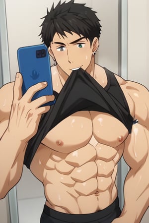 score_9_up, score_8_up, BREAK source_anime, anime screen cap, sexy pose, solo, sousuke_yamazaki, black hair, green eyes, ear piercing, pubic hair,sweat, big muscle, abs, bodybuilder, bushy armpit hair, sweaty, soft smirk, large pectorals, muscular, sexy, pecterals, abs, vein muscles, sweaty skin,oily skin,glistening skin, sexy, flirty, MALE FOCUS, HOLDING PHONE,NIPPLES ,SHIRT LIFT, CLOTHES LIFT, SELFIE ,BLACK tank shirt ,BULGE PANTS ,MALE LARGE PECTORALS, BARECHESTED MALE ,OPEN tank shirt ,HOLDING NAVEL ,FULL BODY , HAND IN POCKET, SHOES ,CELLPHONE ,LIFTED BY SELF ,BARE PECTORALS, REFLECTION, MOUTH HOLD ,masterpiece, best quality , masterpiece, best quality,close up,cartoon