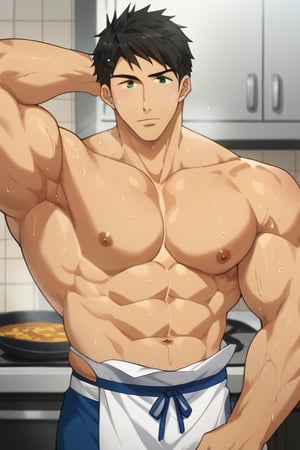 score_9, score_8_up, score_7_up, source_anime, looking at viewer, intricate details,sousuke_yamazaki, solo, 1boy, :), black hair, green eyes, male focus, sweat, big muscle,bara, eight-pack abs, abs, bicep,bodybuilder, bushy armpit hair, solo, ,muscular,large pectorals, muscular, big biceps, sexy,1male, wet,sweat,solo,short boxer, cooking steaks,kitchen,apron,masterpiece, best quality,close up,cartoon