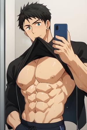 score_9_up, score_8_up, BREAK source_anime, anime screen cap, sexy pose, solo, sousuke_yamazaki, black hair, green eyes, ear piercing, pubic hair,sweat, big muscle, abs, bodybuilder, bushy armpit hair, sweaty, soft smirk, large pectorals, muscular, sexy, pecterals, abs, vein muscles, sweaty skin,oily skin,glistening skin, sexy, flirty, MALE FOCUS, HOLDING PHONE,NIPPLES ,SHIRT LIFT, CLOTHES LIFT, SELFIE ,BLACK JACKET ,BULGE PANTS ,MALE LARGE PECTORALS, BARECHESTED MALE ,OPEN JACKET ,HOLDING NAVEL ,OPEN CLOTHES SHIRT ,FULL BODY , HAND IN POCKET, SHOES ,CELLPHONE ,LIFTED BY SELF ,BARE PECTORALS, REFLECTION, MOUTH HOLD ,masterpiece, best quality , masterpiece, best quality,close up,cartoon