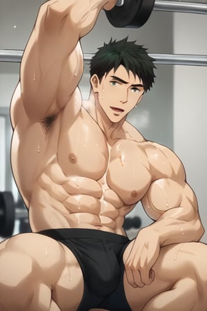 score_9, score_8_up, score_7_up, masterpiece, best quality, close up, lots of details, ((1man)), solo, sousuke_yamazaki, black hair, green eyes,black stringer shirt,sweat, big muscle, abs, bodybuilder, bushy armpit hair, sweaty, soft smirk, hairy armpits, large pectorals, muscular, sexy, flirty, pecterals, abs, vein muscles, face freckles, open mouth, heavy breathing, squatting, exercise, weightlifting, barbell on the shoulders, bulge, detailed shading, detailed skin, shaded skin, realistic shading, looking at viewer, countershading:1.1, Gym, indoors,