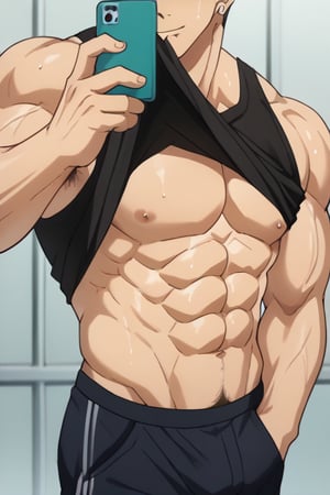 score_9_up, score_8_up, BREAK source_anime, anime screen cap, sexy pose, solo, sousuke_yamazaki, black hair, green eyes, ear piercing, pubic hair,sweat, big muscle, abs, bodybuilder, bushy armpit hair, sweaty, soft smirk, large pectorals, muscular, sexy, pecterals, abs, vein muscles, sweaty skin,oily skin,glistening skin, sexy, flirty, MALE FOCUS, HOLDING PHONE,NIPPLES ,SHIRT LIFT, CLOTHES LIFT, SELFIE ,BLACK tank shirt ,BULGE short ,MALE LARGE PECTORALS, BARECHESTED MALE ,OPEN tank shirt ,HOLDING NAVEL ,FULL BODY , HAND IN POCKET, SHOES ,CELLPHONE ,LIFTED BY SELF ,BARE PECTORALS, REFLECTION, MOUTH HOLD ,masterpiece, best quality , masterpiece, best quality,close up,cartoon