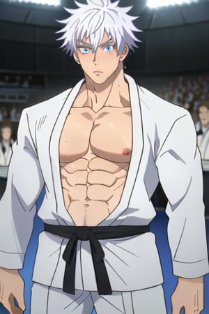 1man,stubble,Gojo Satoru ,hair between eyes, white hair,short hair,blue eyes,colored eyelashes,lean muscle, judo black belt, handsome,(long sleeve judo uniform:1.1), sweaty body, sweaty hair, chest muscles,abdominal muscles,show chest and abdominal,4K,masterpiece, super detailed,