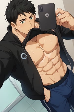 score_9_up, score_8_up, BREAK source_anime, anime screen cap, sexy pose, solo, sousuke_yamazaki, black hair, green eyes, ear piercing, pubic hair,sweat, big muscle, abs, bodybuilder, bushy armpit hair, sweaty, soft smirk, large pectorals, muscular, sexy, pecterals, abs, vein muscles, sweaty skin,oily skin,glistening skin, sexy, flirty, MALE FOCUS, HOLDING PHONE,NIPPLES ,SHIRT LIFT, CLOTHES LIFT, SELFIE ,BLACK JACKET ,BULGE PANTS ,MALE LARGE PECTORALS, BARECHESTED MALE ,OPEN JACKET ,HOLDING NAVEL ,OPEN CLOTHES SHIRT ,FULL BODY , HAND IN POCKET, SHOES ,CELLPHONE ,LIFTED BY SELF ,BARE PECTORALS, REFLECTION, MOUTH HOLD ,masterpiece, best quality , masterpiece, best quality,close up,cartoon