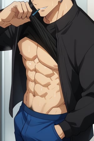 score_9_up, score_8_up, BREAK source_anime, anime screen cap, sexy pose, solo, sousuke_yamazaki, black hair, green eyes, ear piercing, pubic hair,sweat, big muscle, abs, bodybuilder, bushy armpit hair, sweaty, soft smirk, large pectorals, muscular, sexy, pecterals, abs, sexy, flirty, MALE FOCUS, HOLDING PHONE,NIPPLES ,SHIRT LIFT, CLOTHES LIFT, SELFIE ,BLACK JACKET ,BULGE PANTS ,MALE LARGE PECTORALS, BARECHESTED MALE ,OPEN JACKET ,HOLDING NAVEL ,OPEN CLOTHES SHIRT ,FULL BODY , HAND IN POCKET, SHOES ,CELLPHONE ,LIFTED BY SELF ,BARE PECTORALS, REFLECTION, MOUTH HOLD ,masterpiece, best quality , masterpiece, best quality,close up,cartoon