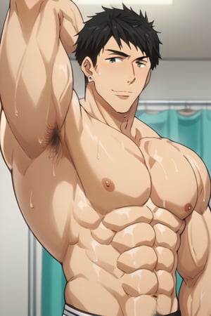 score_9_up, score_8_up, BREAK source_anime, anime screen cap, sexy pose, solo, sousuke_yamazaki, black hair, green eyes, ear piercing, pubic hair,sweat, big muscle, abs, bodybuilder, bushy armpit hair, sweaty, soft smirk, large pectorals, muscular, pecterals, abs, vein muscles, sweaty skin,oily skin,glistening skin, sexy, flirty, lick arm bicep, enragement eye,sweaty, soft smirk, flirty, bike jockstraps, bed room,masterpiece, best quality, , masterpiece, best quality,close up,cartoon