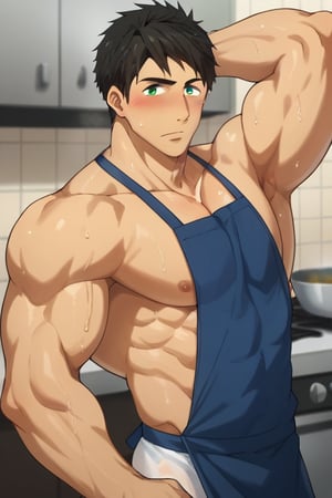score_9, score_8_up, score_7_up, source_anime, looking at viewer, intricate details,sousuke_yamazaki, solo, 1boy, :), black hair, green eyes, male focus, sweat, big muscle,bara, eight-pack abs, abs, bicep,bodybuilder,bushy armpit hairs, solo, ,muscular,large pectorals, muscular, big biceps, sexy,1male, wet,sweat,solo,short boxer, underwear, cooking steaks,kitchen,apron,masterpiece, best quality,close up,cartoon