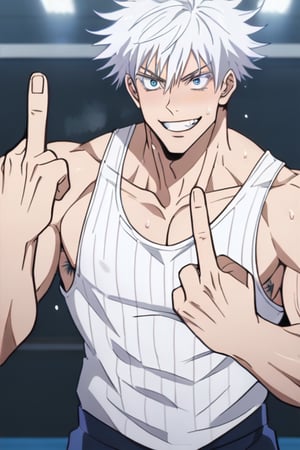score_9, score_8_up, score_7_up, rating_explicit, source_anime, 1man, satorugojo,hair between eyes, white hair,short hair,blue eyes,colored eyelashes, male focus, sweat, lean muscle, abs, bushy armpit hair, sweaty, soft smirk, large pectorals, muscular, big biceps, sexy, flirty, pecterals, abs, vein muscles, extremely tight fitting clothes, (white athletic ribbed tank top:1.2), looking at viewer, cool grin, looking for violence, awesome cool boy, handsome but fierce, masculine, give someone the finger, middle finger, tongue out, flat color, best quality, amazing quality, best aesthetic, absurdres, Gym, indoors,masterpiece, best quality,close up,cartoon,jujutsu_kaisen_style
