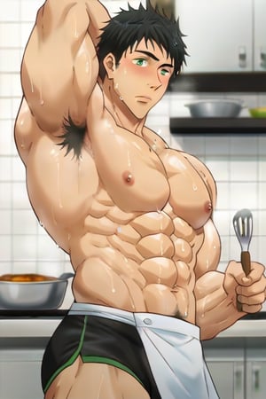 sousuke_yamazaki, solo, 1boy, :), black hair, green eyes, male focus, sweat, big muscle,bara, eight-pack abs, abs, ,bodybuilder, bushy armpit hair, solo, ,muscular,1male, wet,sweat,solo,short boxer, underwear, cooking steaks ,kitchen, wearing  apron,masterpiece, best quality,jujutsu_kaisen_style