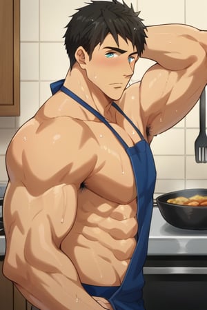 score_9, score_8_up, score_7_up, source_anime, looking at viewer, intricate details,sousuke_yamazaki, solo, 1boy, :), black hair, green eyes, male focus, sweat, big muscle,bara, eight-pack abs,bodybuilder, bushy armpit hair, solo, muscular,large pectorals, sexy, 1male, wet,sweat,solo,short boxer, underwear, cooking steaks,kitchen,apron,masterpiece, best quality,close up,cartoon