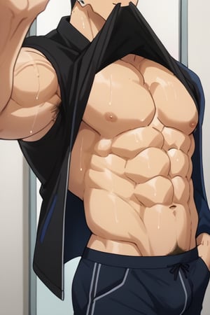 score_9_up, score_8_up, BREAK source_anime, anime screen cap, sexy pose, solo, sousuke_yamazaki, black hair, green eyes, ear piercing, pubic hair,sweat, big muscle, abs, bodybuilder, bushy armpit hair, sweaty, soft smirk, large pectorals, muscular, sexy, pecterals, abs, vein muscles, sweaty skin,oily skin,glistening skin, sexy, flirty, MALE FOCUS, HOLDING PHONE,NIPPLES ,SHIRT LIFT, CLOTHES LIFT, SELFIE ,BLACK JACKET ,BULGE PANTS ,MALE LARGE PECTORALS, BARECHESTED MALE ,OPEN JACKET ,HOLDING NAVEL ,OPEN CLOTHES SHIRT ,FULL BODY , HAND IN POCKET, SHOES ,CELLPHONE ,LIFTED BY SELF ,BARE PECTORALS, REFLECTION, MOUTH HOLD ,masterpiece, best quality , masterpiece, best quality,close up,cartoon